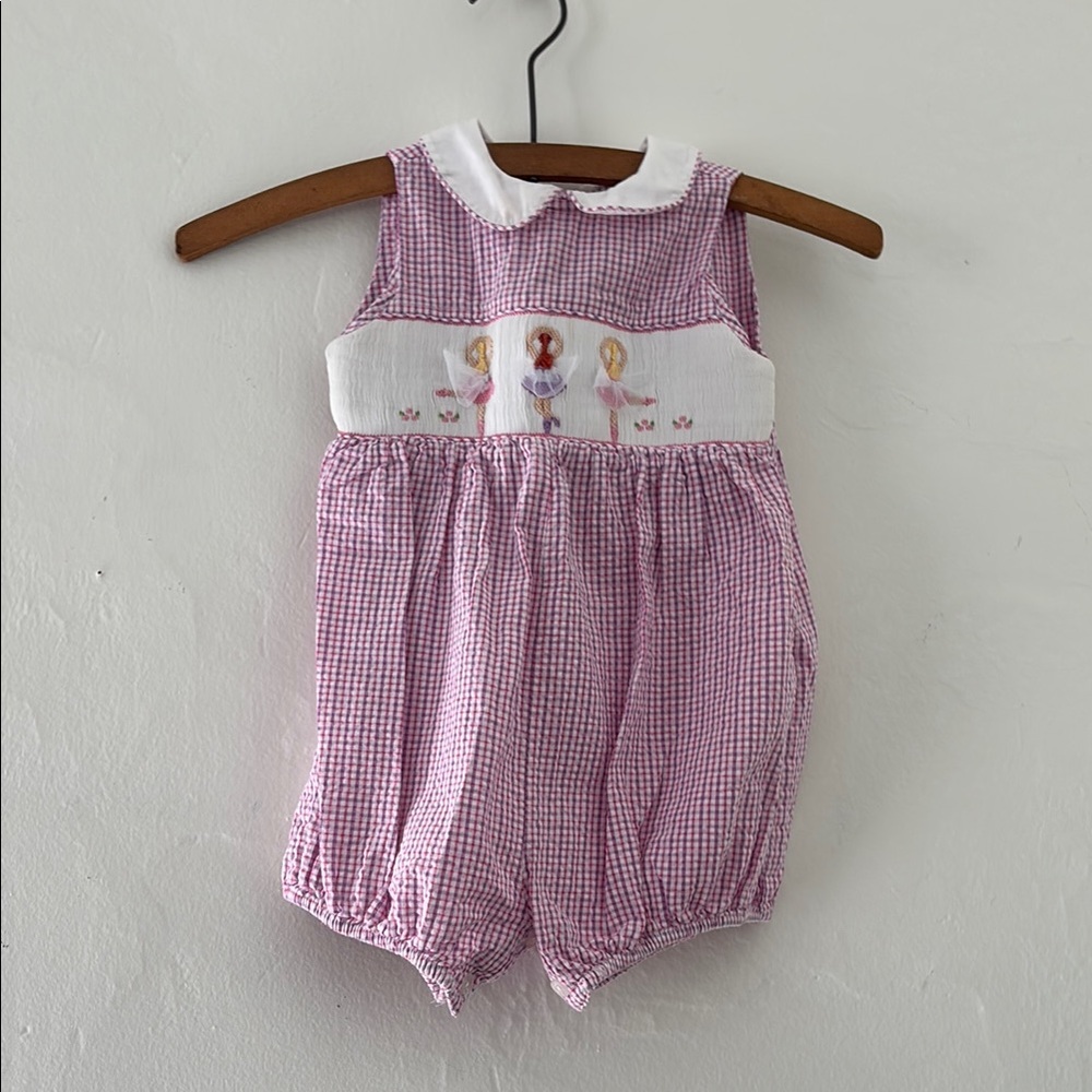 Pink & Purple Gingham Smocked Baby Romper with Ballet Embroidery